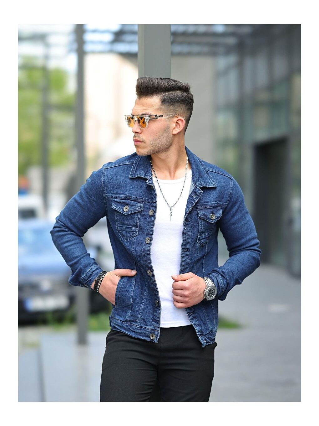 Lacivert Erkek Trend Polo Yaka Slim Fit Denim Jeans Mavi Jean Ceket-2