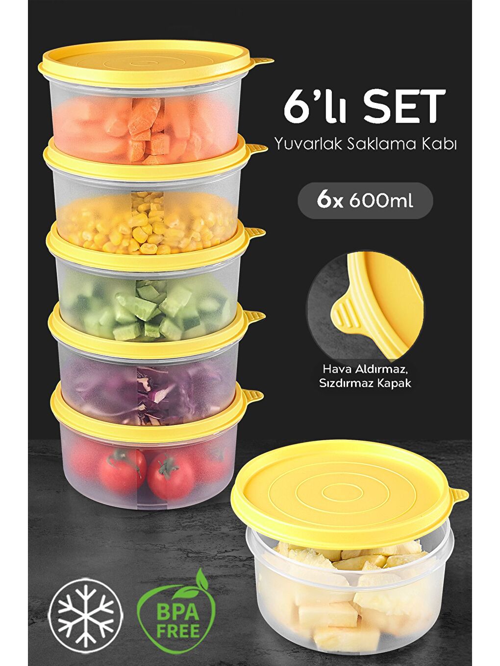 6'lı Yuvarlak Gıda Saklama Kabı Seti 6x600 ml Sarı