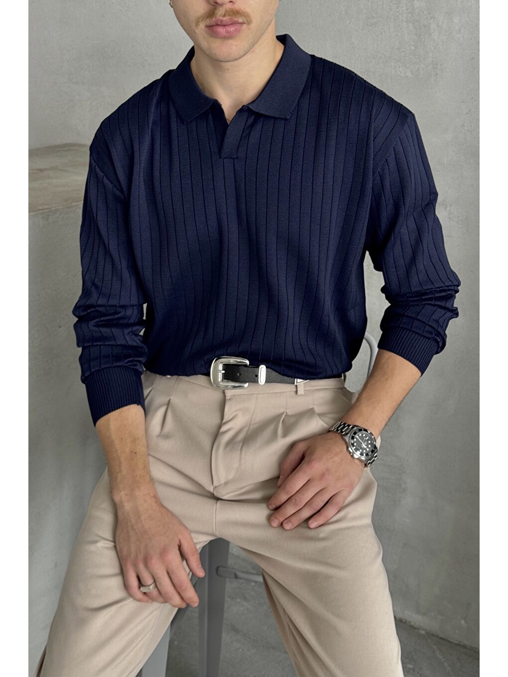 Lacivert Erkek Polo Yaka Fitilli Oversize Triko Kazak-1