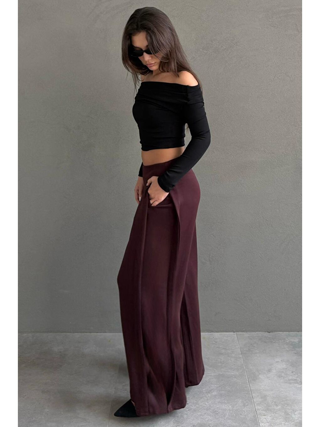 Bordo Yumuşak Dokunuşlu, Yanları Pilili, Modal İçeren Geniş Paça Pantolon Mg2668-1