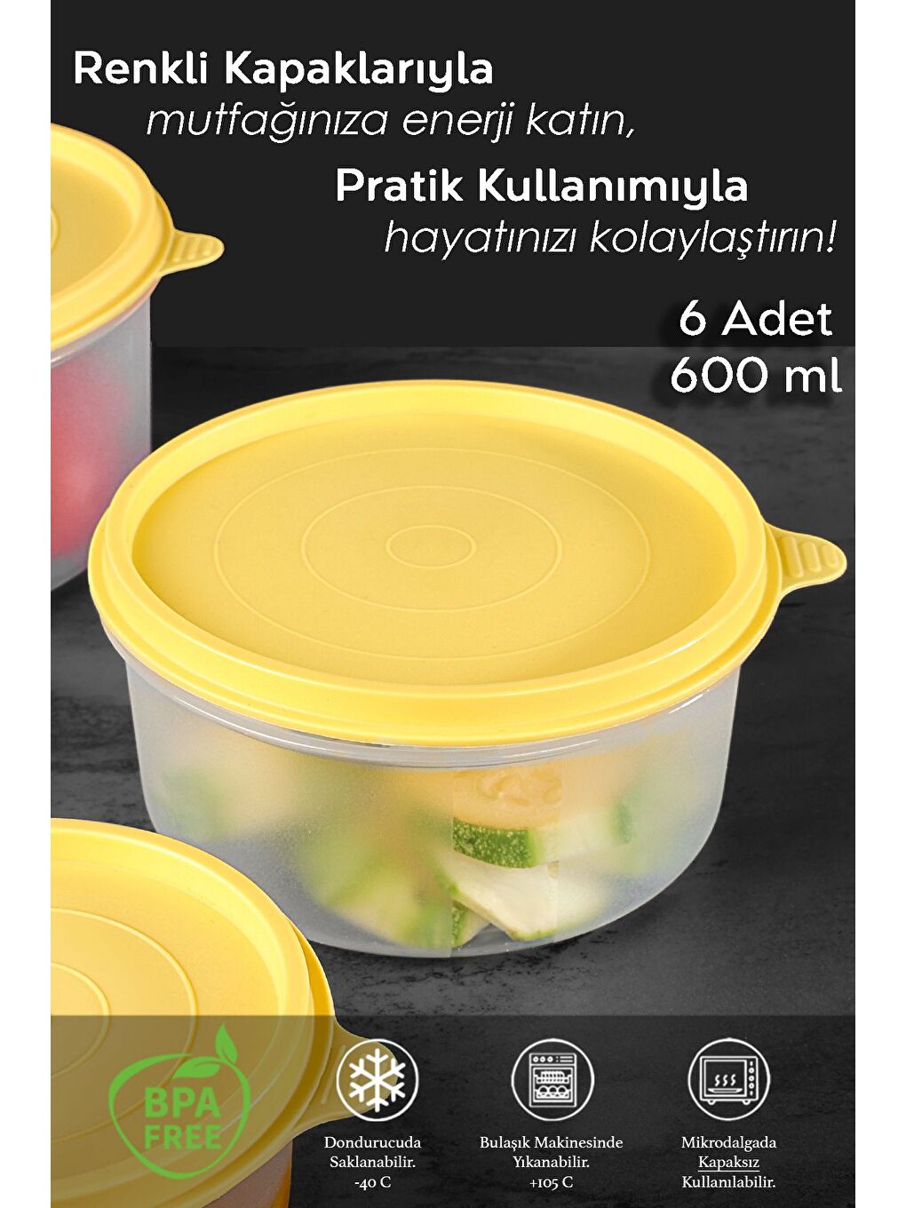 6'lı Yuvarlak Gıda Saklama Kabı Seti 6x600 ml Sarı-1