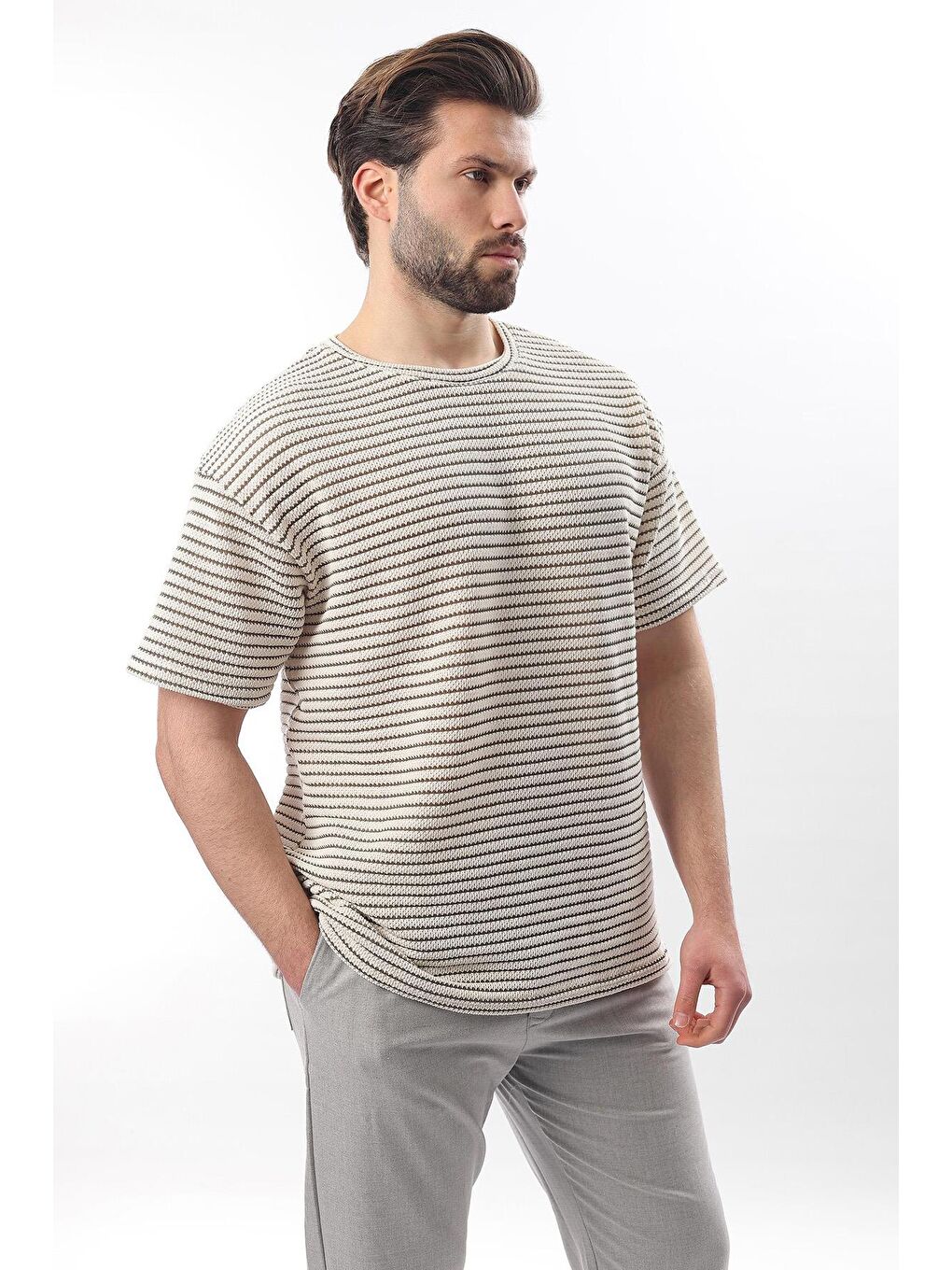 Haki Bisiklet Yaka Pamuklu Çizgili Erkek Tişört E7121-3