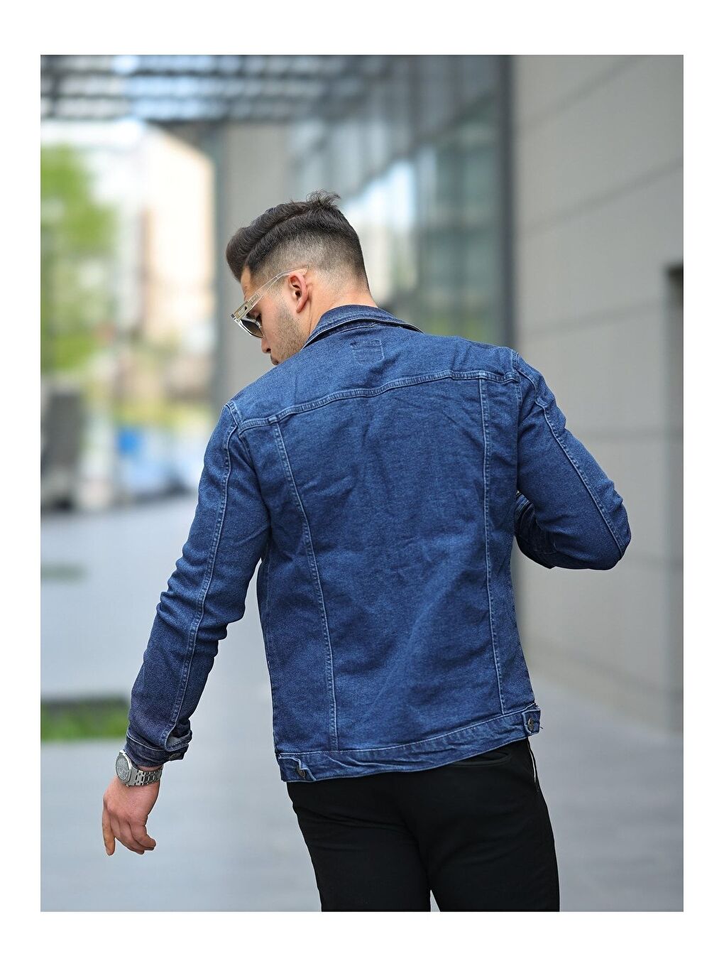 Lacivert Erkek Trend Polo Yaka Slim Fit Denim Jeans Mavi Jean Ceket-3