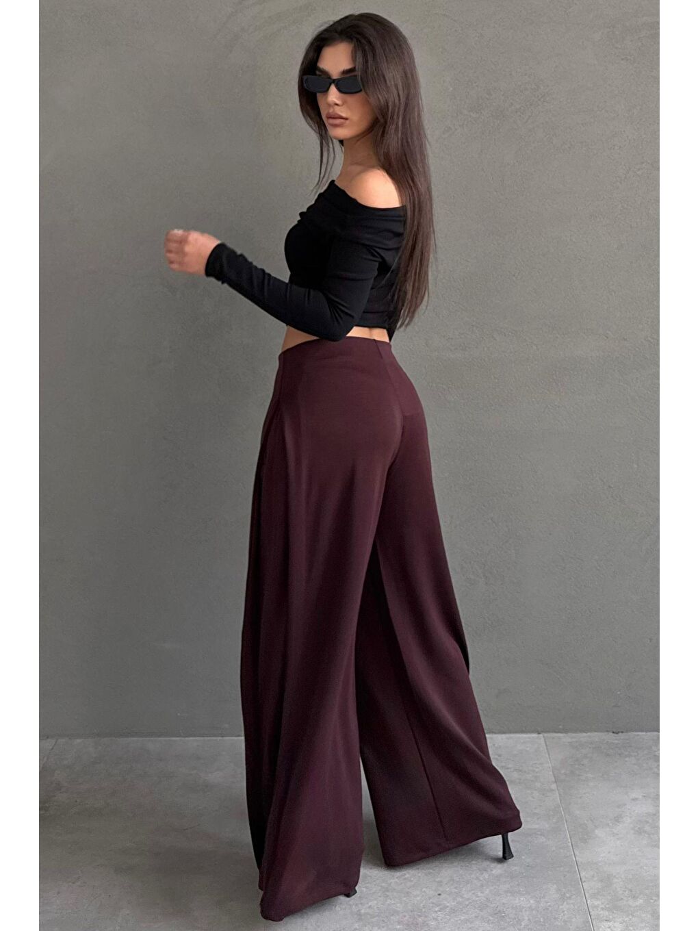 Bordo Yumuşak Dokunuşlu, Yanları Pilili, Modal İçeren Geniş Paça Pantolon Mg2668-2