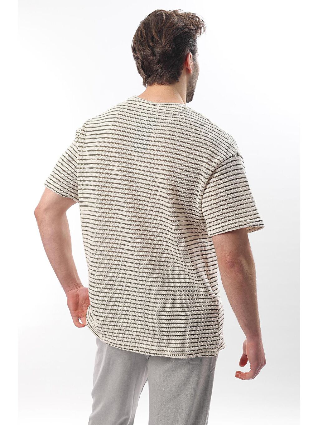 Haki Bisiklet Yaka Pamuklu Çizgili Erkek Tişört E7121-4