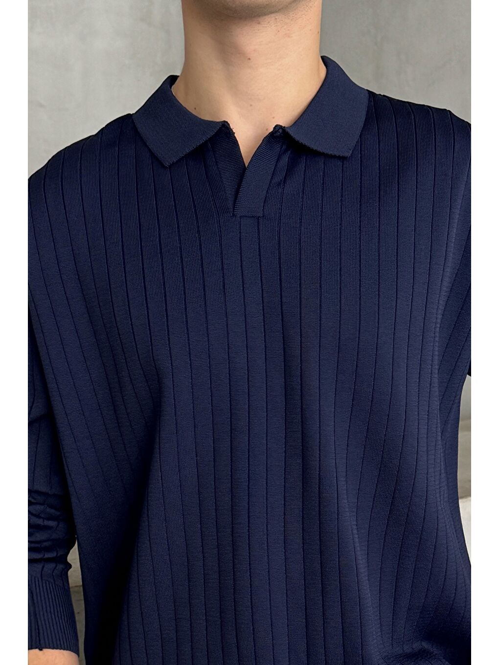 Lacivert Erkek Polo Yaka Fitilli Oversize Triko Kazak-2