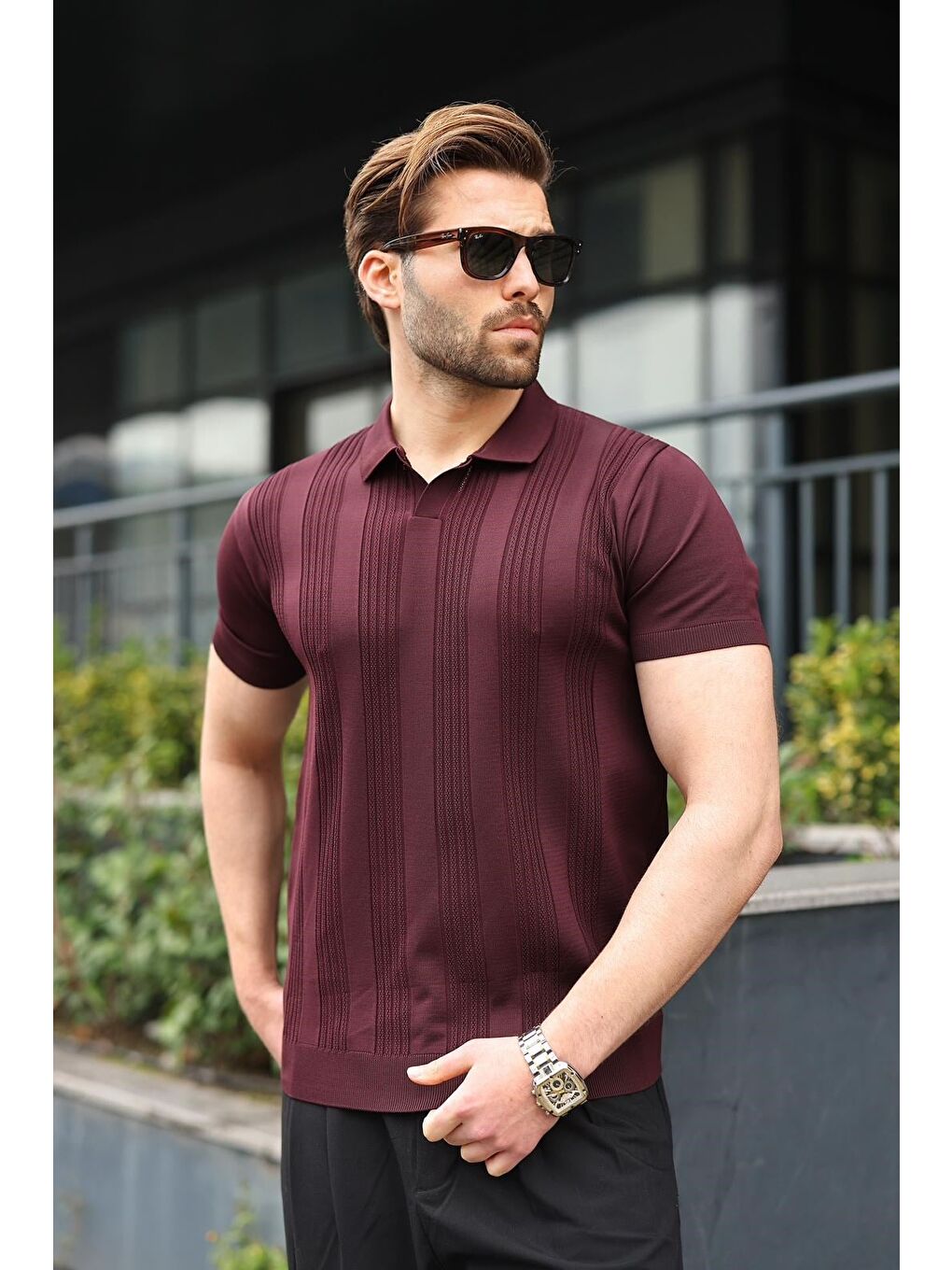 Mürdüm Polo Yaka Triko Erkek Tişört E7469-1