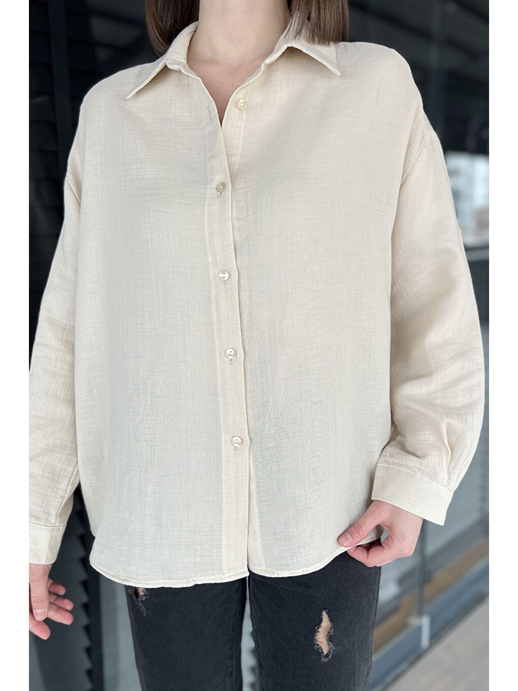 Bej Kadın Uzun Kol Basic Salaş Gömlek-3