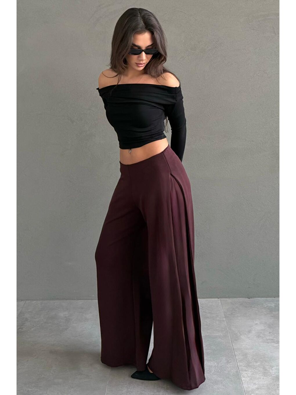 Bordo Yumuşak Dokunuşlu, Yanları Pilili, Modal İçeren Geniş Paça Pantolon Mg2668-3