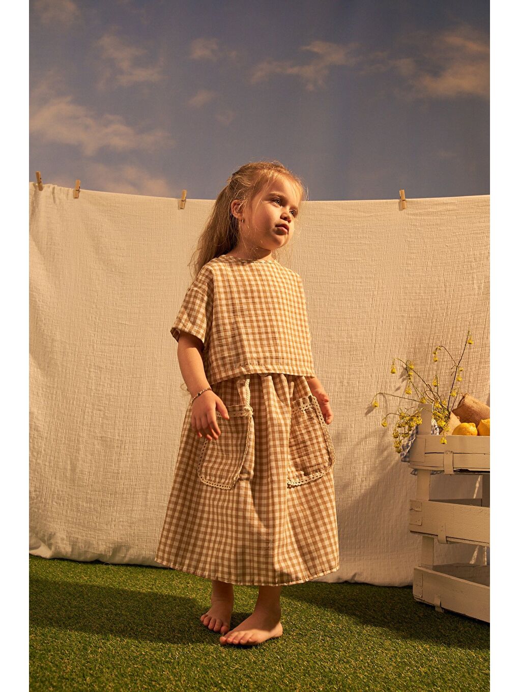 Bej Daisy Picnic Serisi Etekli Takım-6