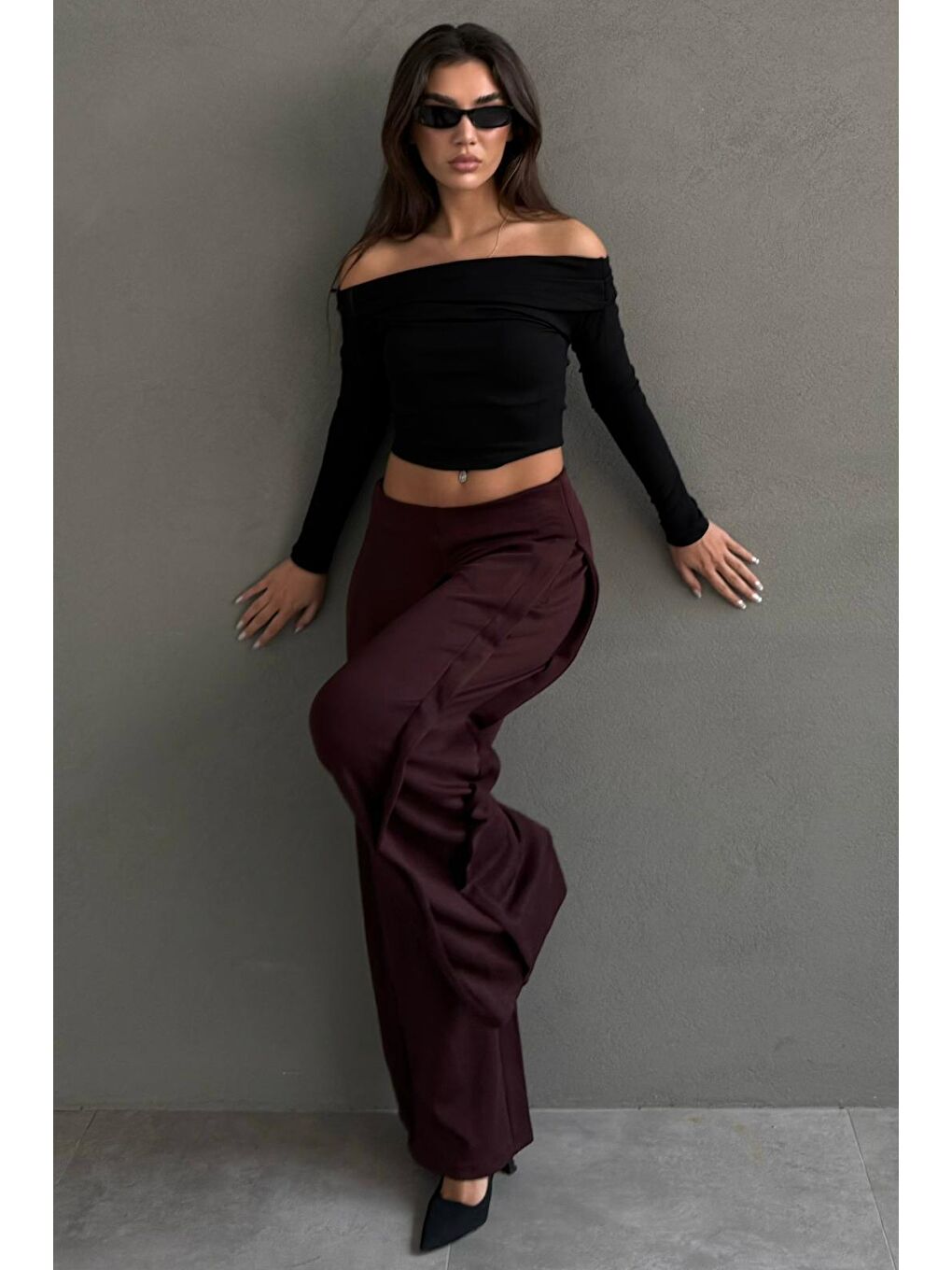 Bordo Yumuşak Dokunuşlu, Yanları Pilili, Modal İçeren Geniş Paça Pantolon Mg2668-4