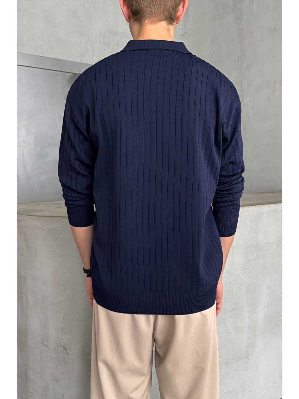 Lacivert Erkek Polo Yaka Fitilli Oversize Triko Kazak-3