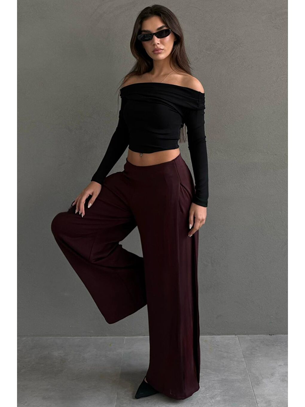 Bordo Yumuşak Dokunuşlu, Yanları Pilili, Modal İçeren Geniş Paça Pantolon Mg2668-5