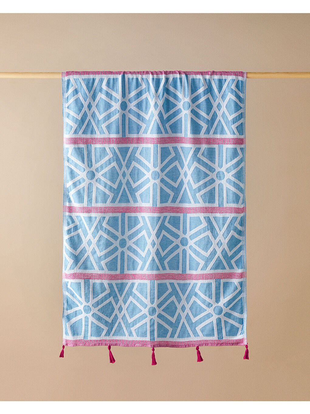 Zigzag Pamuklu Püsküllü Peştamal 90x150 cm Mavi-Fuşya
