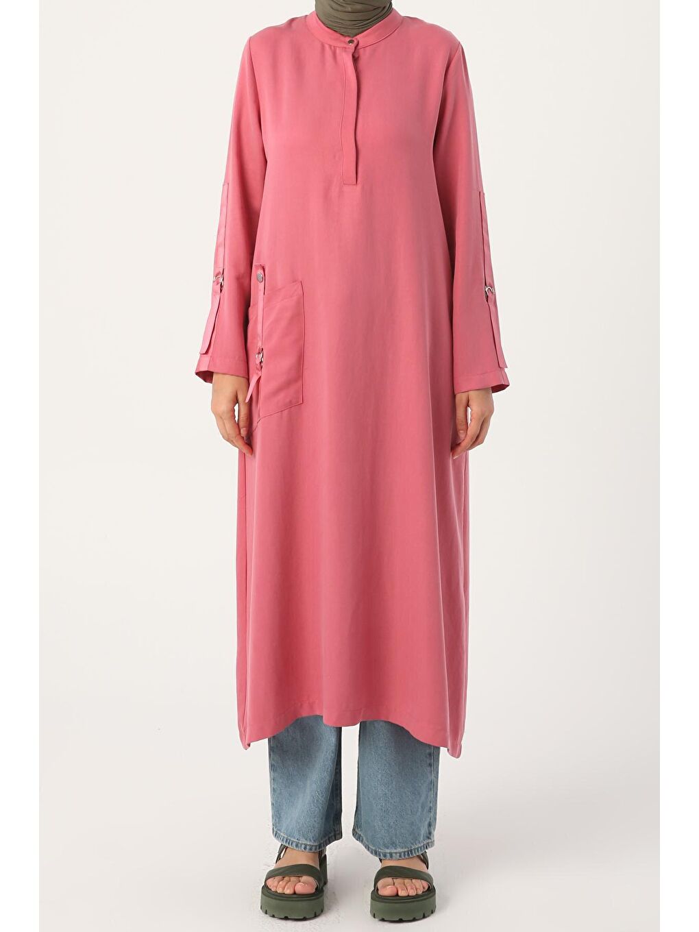 Pembe Gül Hakim Yaka Büyük Cepli Tunik-1