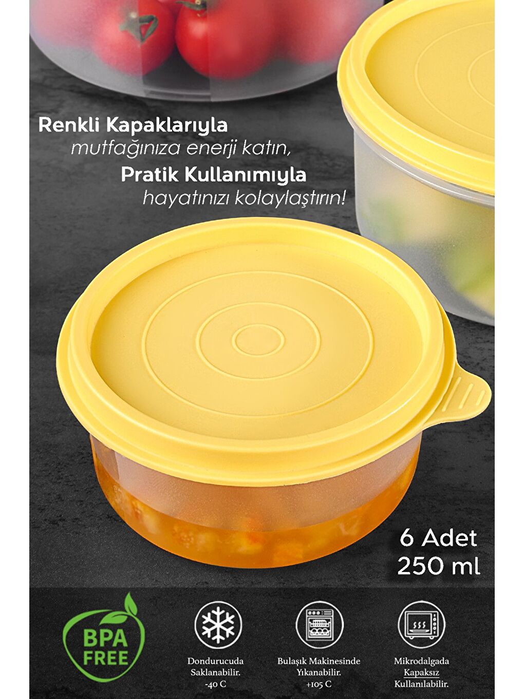 6'lı Yuvarlak Gıda Saklama Kabı Seti 6x250 ml Sarı-1