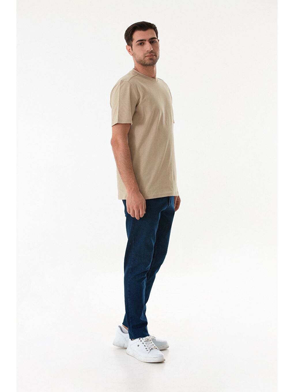 Bej Basic Bisiklet Yaka Tişört-3