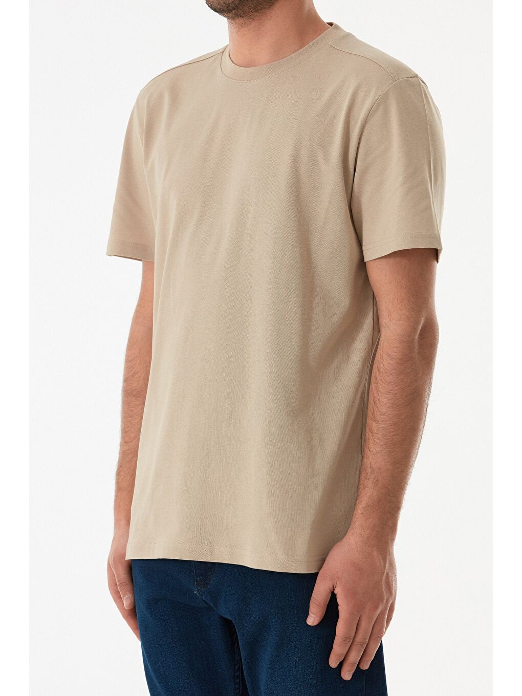 Bej Basic Bisiklet Yaka Tişört-4