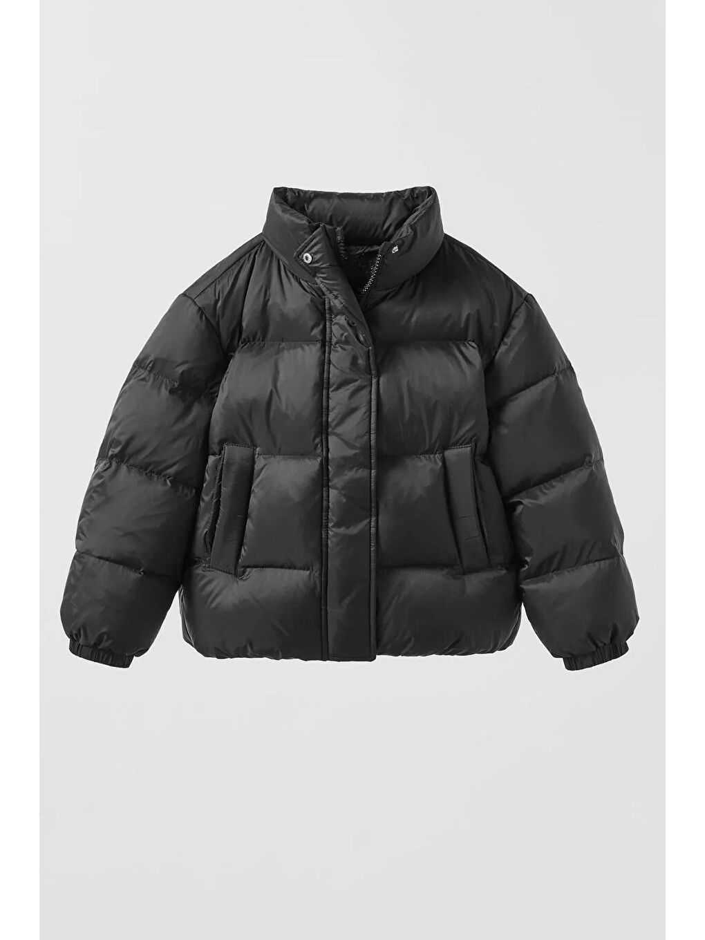 Unisex Çocuk Pamuklu Siyah Şişme Mont - Yüksek Yaka Ve Cepli Tasarım