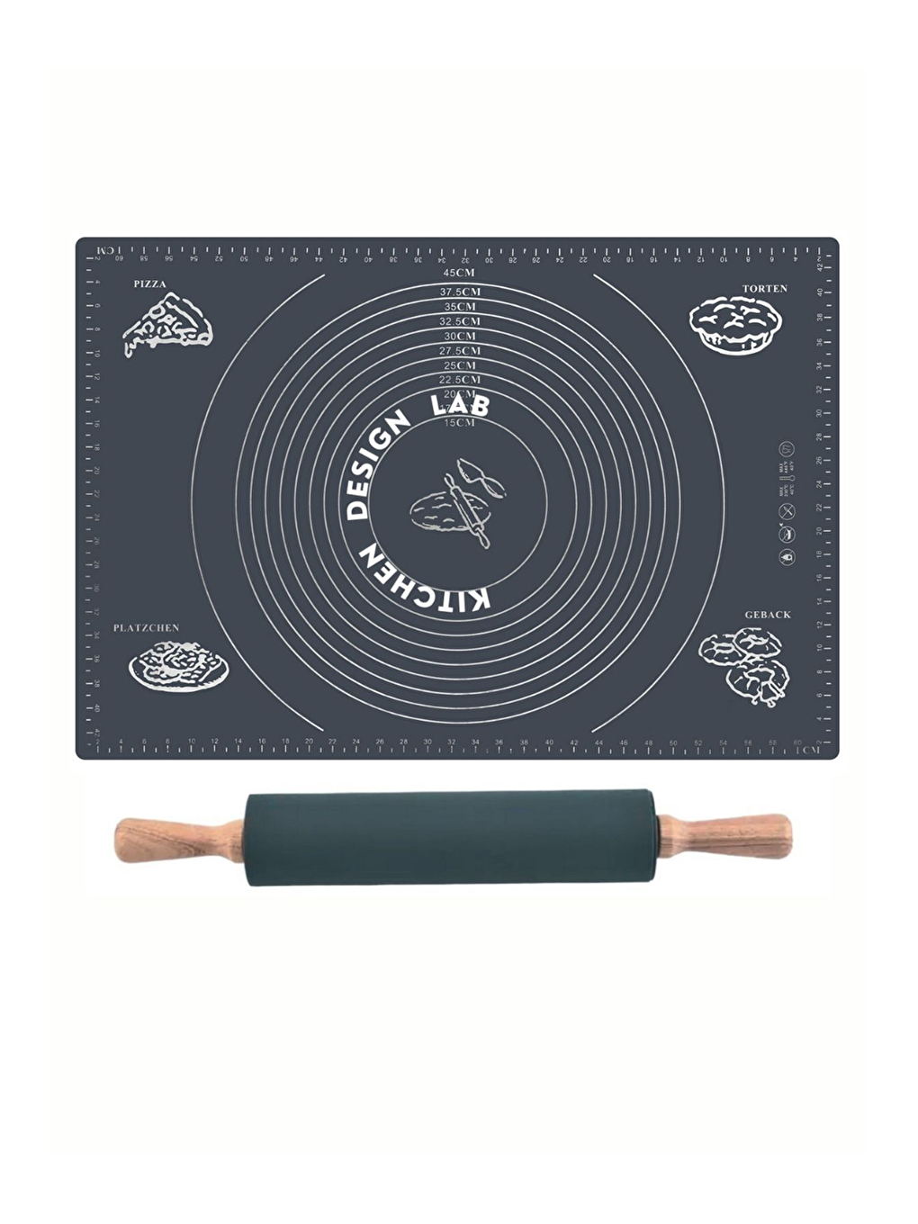 Antrasit Gri 45x65 Cm Silikon Hamur Açma Matı Ve Bambu Saplı Silikon Merdane