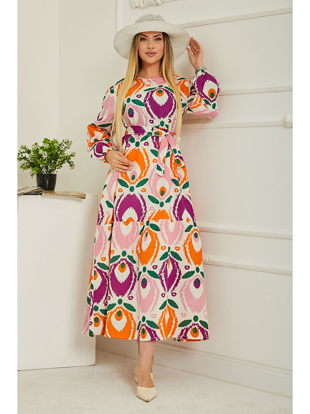 Desenli Kolu Büzgülü Elbise Pembe - 26619