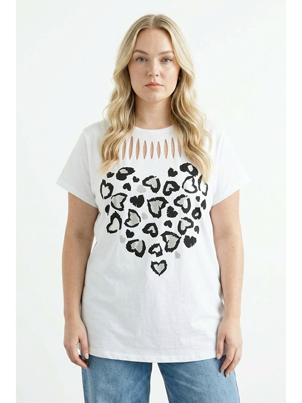 Beyaz Metalik Baskılı Yırtık Detaylı T-shirt