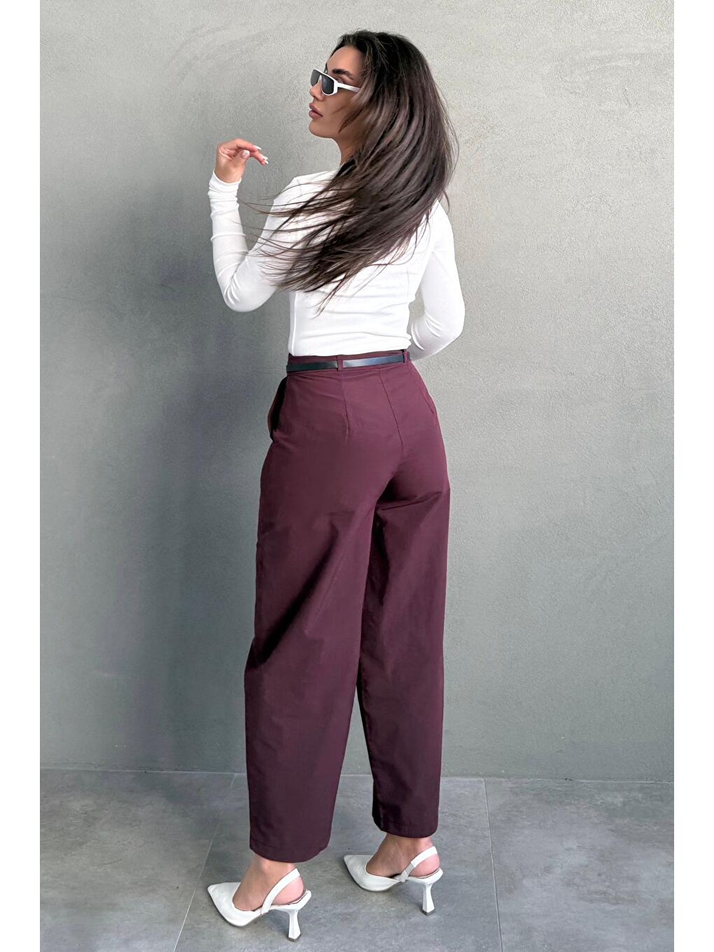 Mürdüm Yüksek Bel Pileli Kemerli Geniş Paça Kadın Pantolon Mg2615-3