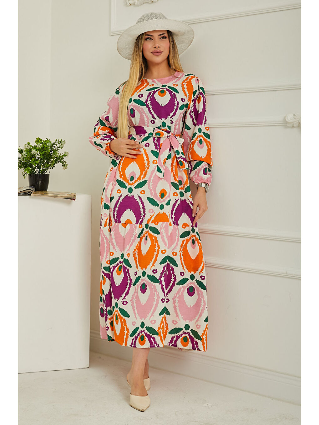 Desenli Kolu Büzgülü Elbise Pembe - 26619-2