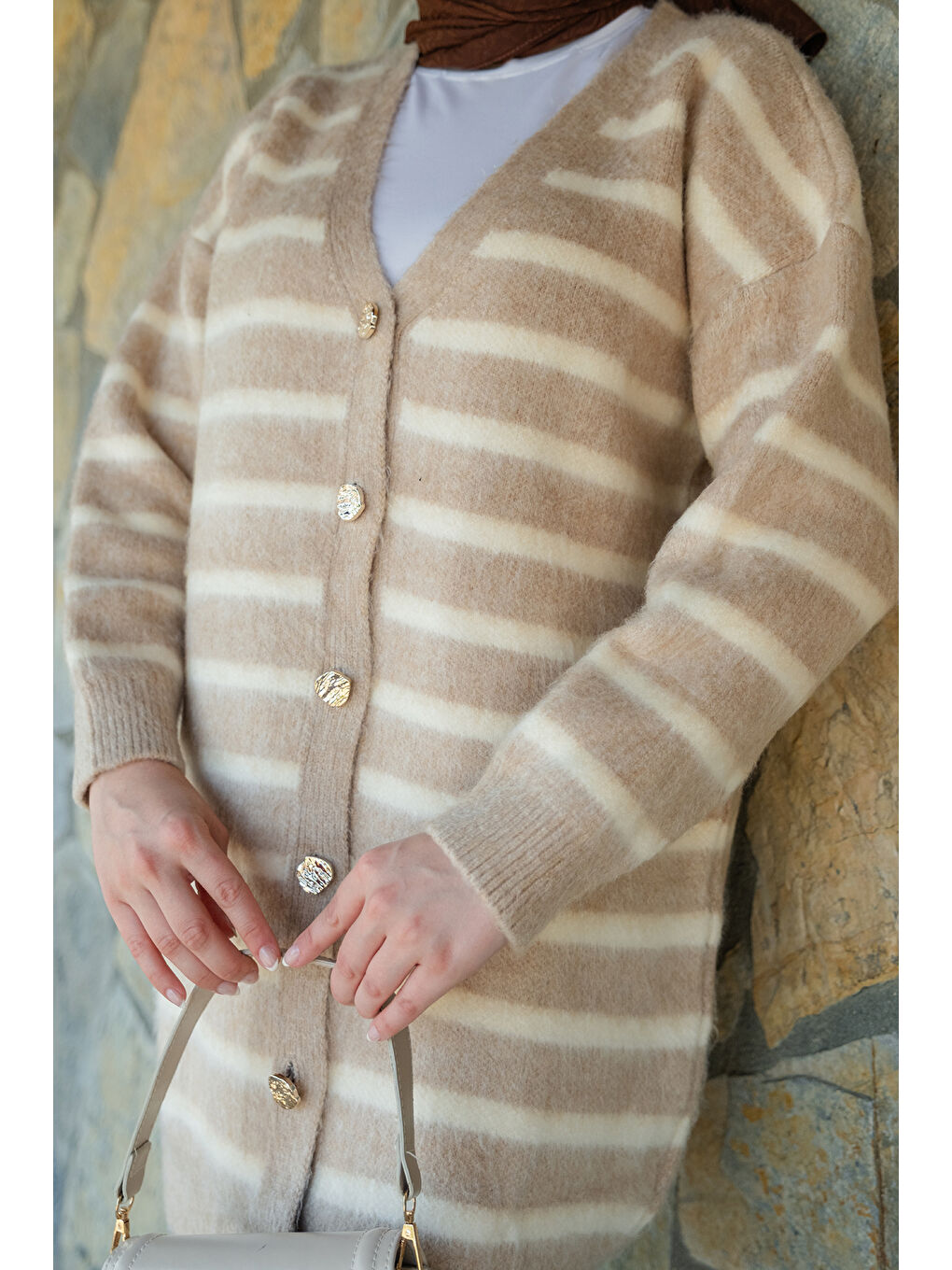 Bej Kadın Çizgili Uzun Triko Ceket Vizon-4