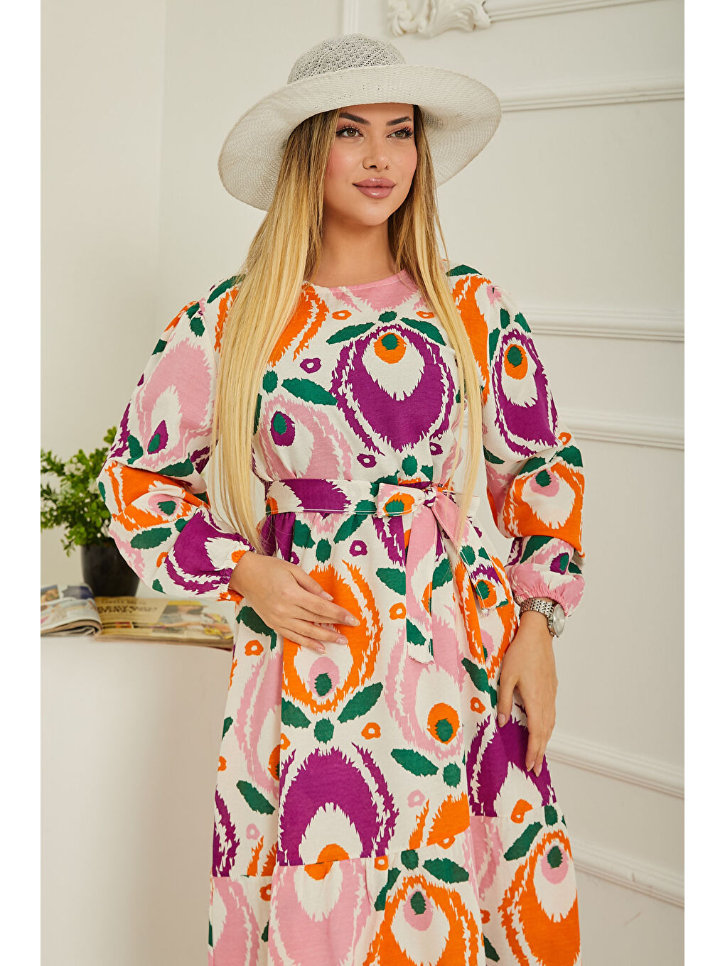 Desenli Kolu Büzgülü Elbise Pembe - 26619-3