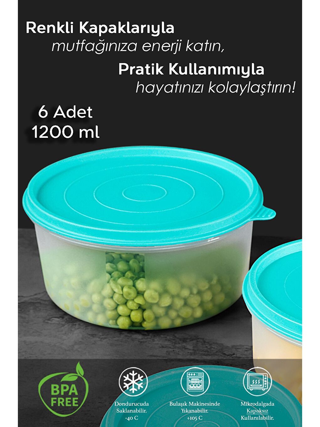 6'lı Yuvarlak Gıda Saklama Kabı Seti 6x1200 ml Yeşil-1