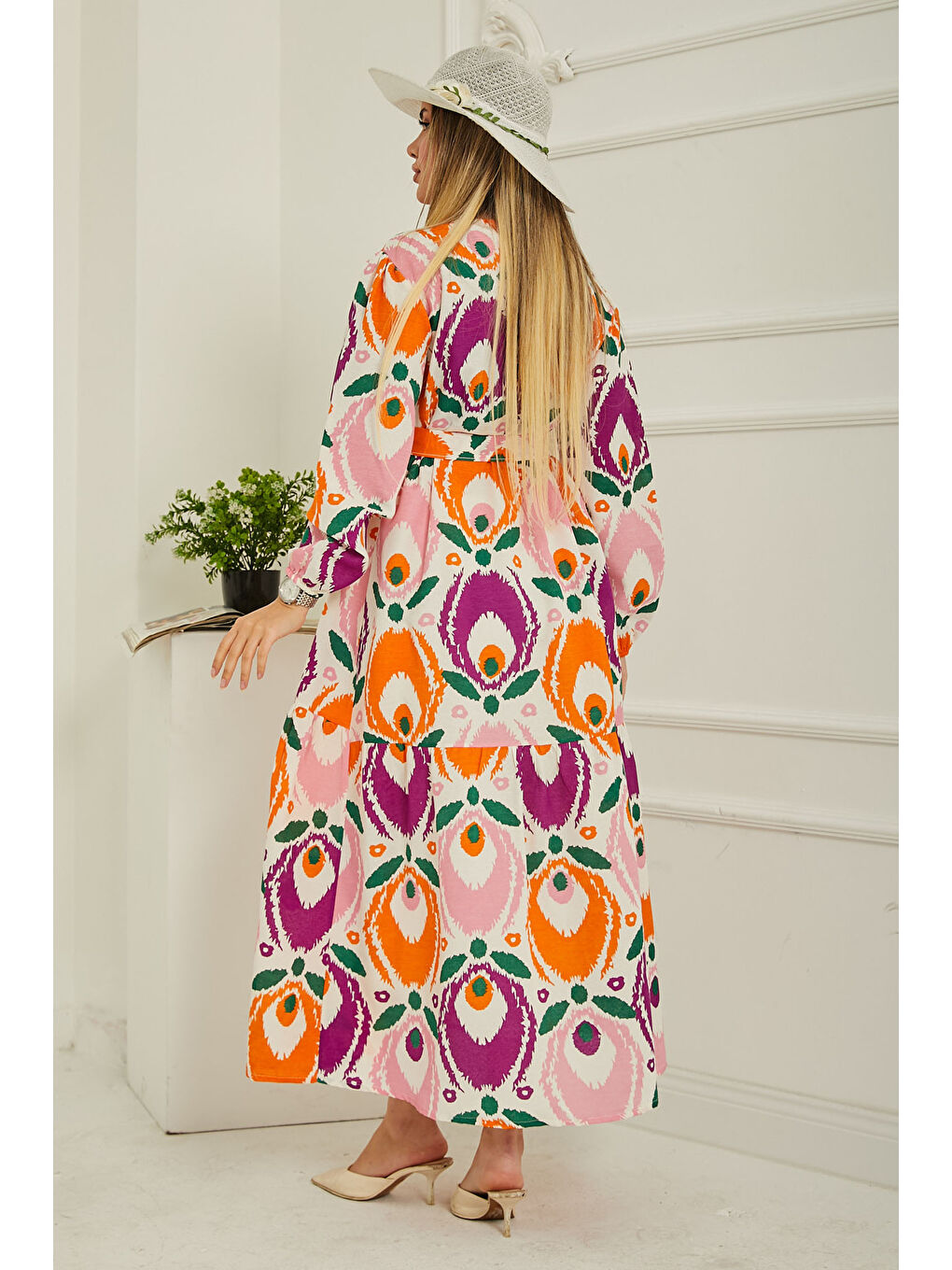 Desenli Kolu Büzgülü Elbise Pembe - 26619-4