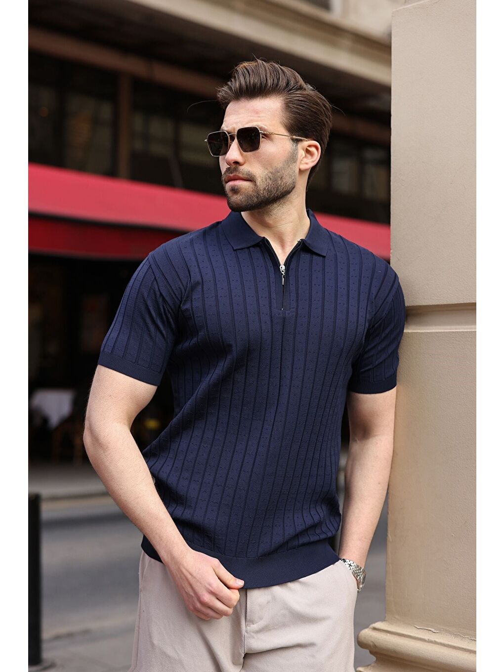 Lacivert Polo Yaka Slim Fit Triko Erkek Tişört E7465-1