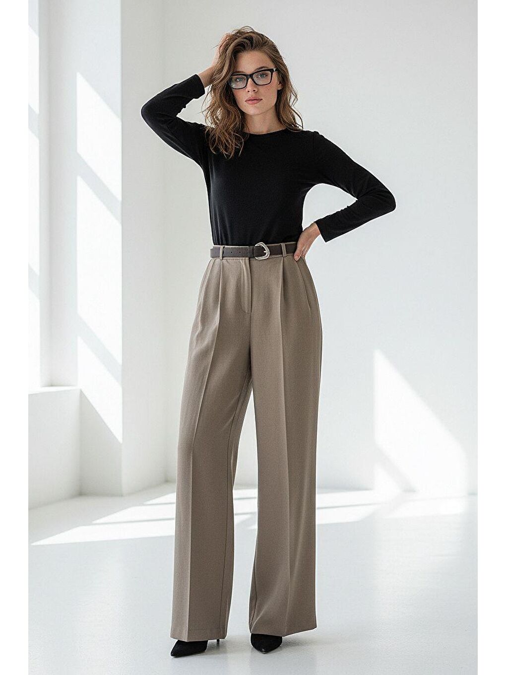 Haki Yüksek Bel Pileli Kemerli Geniş Paça Kadın Pantolon Mg2615