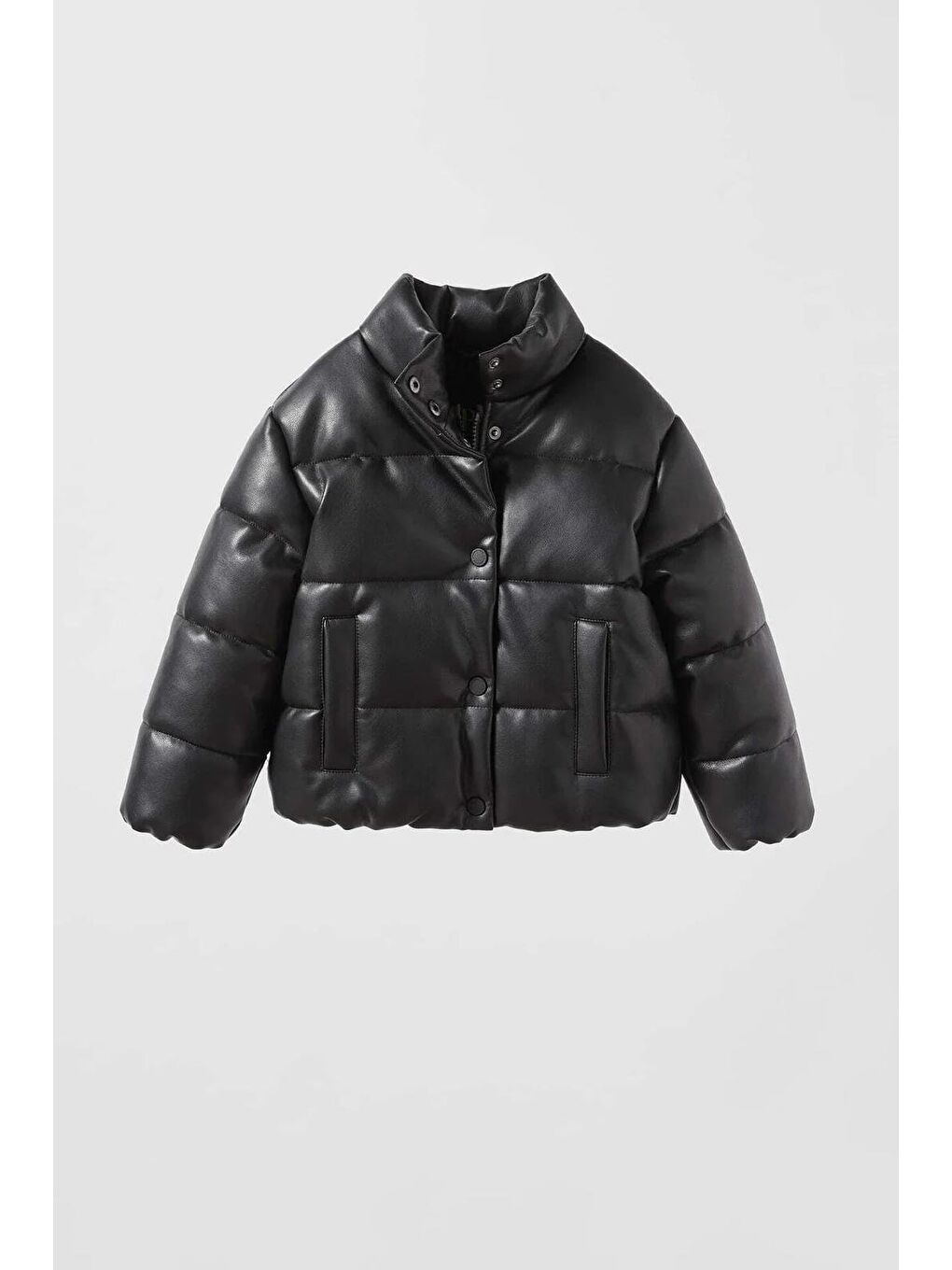 Unisex Çocuk Deri Görünümlü Siyah Şişme Mont - Dolgulu Ve Cepli Tasarım