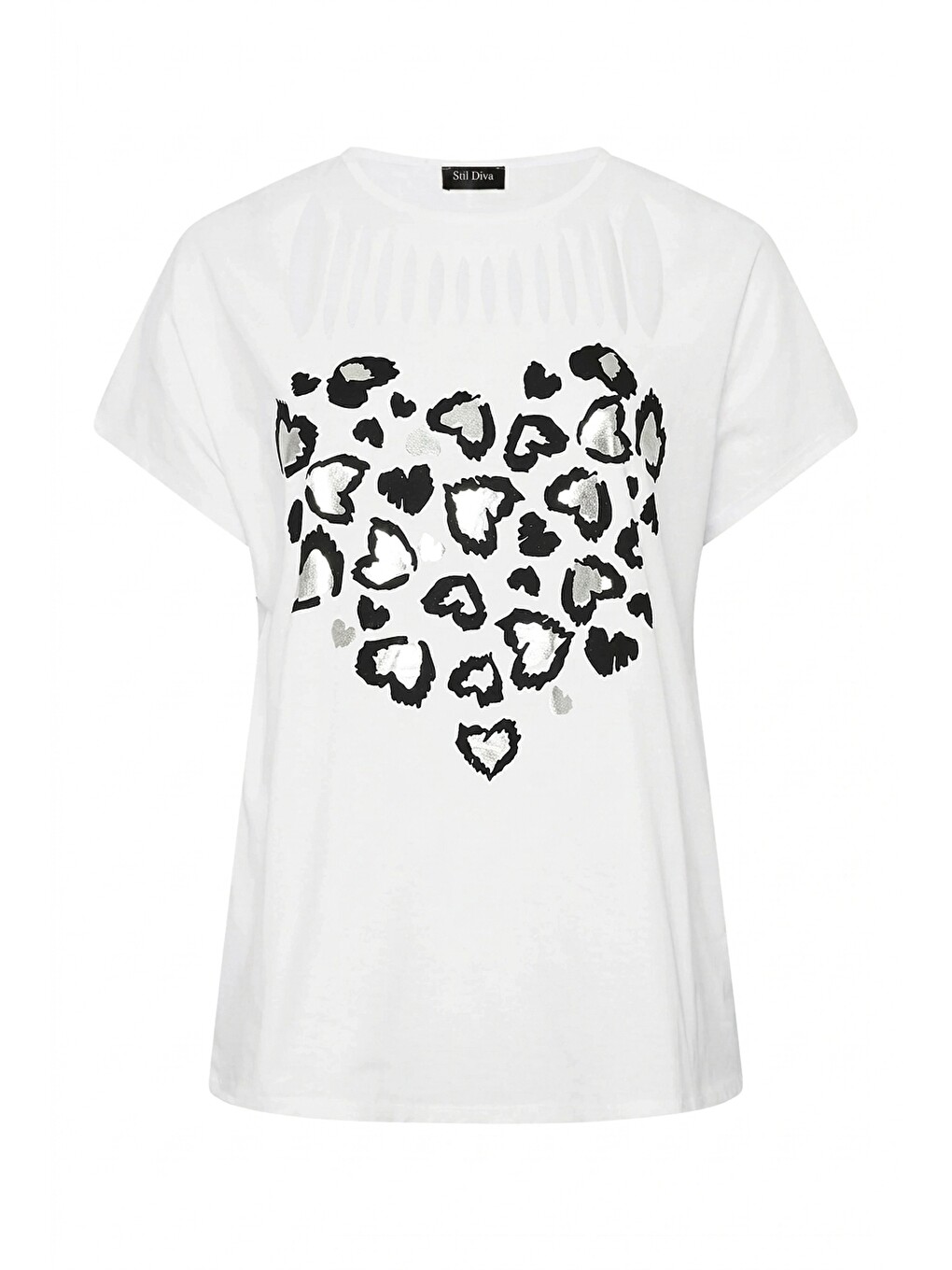 Beyaz Metalik Baskılı Yırtık Detaylı T-shirt-5