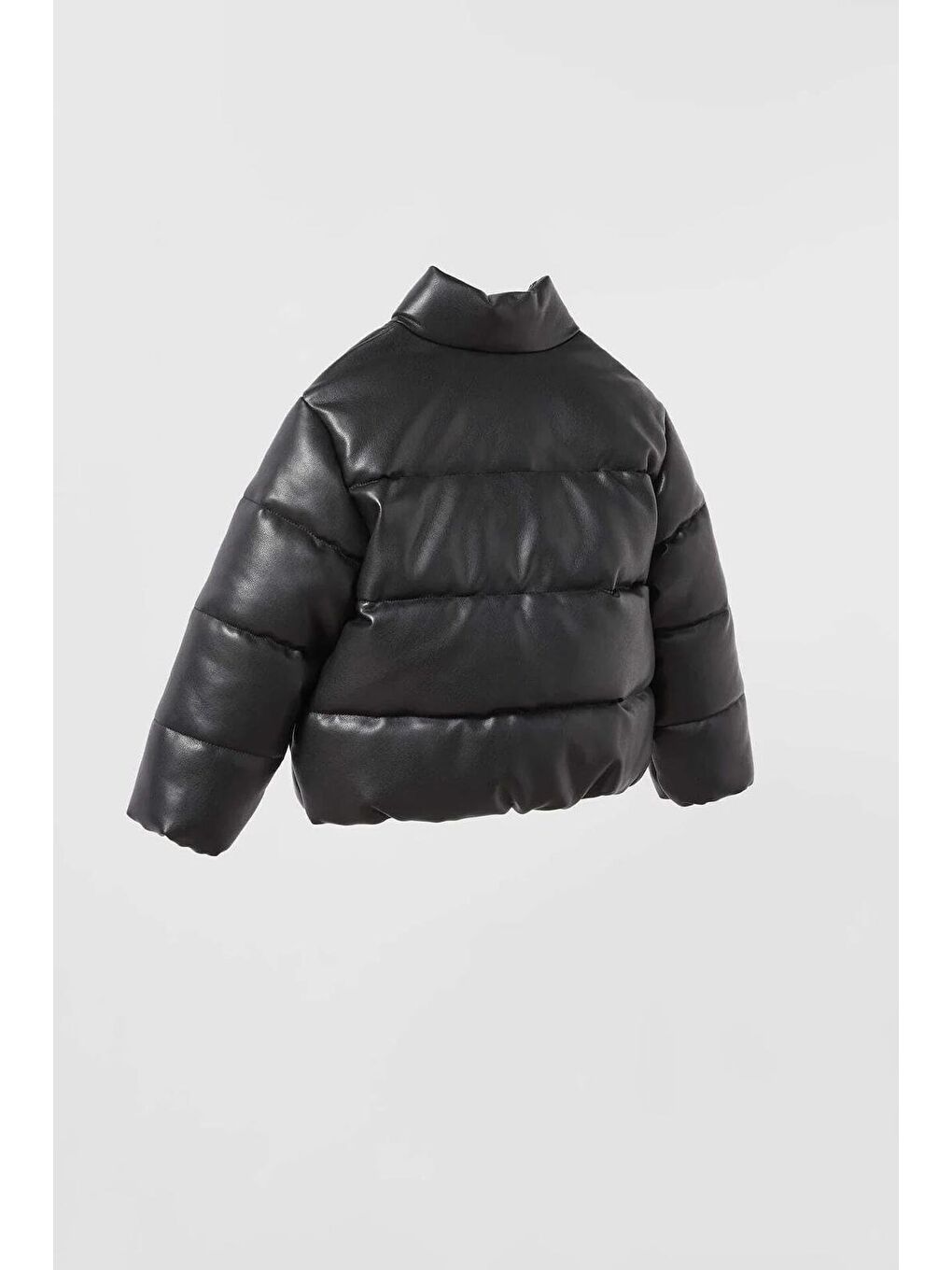 Unisex Çocuk Deri Görünümlü Siyah Şişme Mont - Dolgulu Ve Cepli Tasarım-1