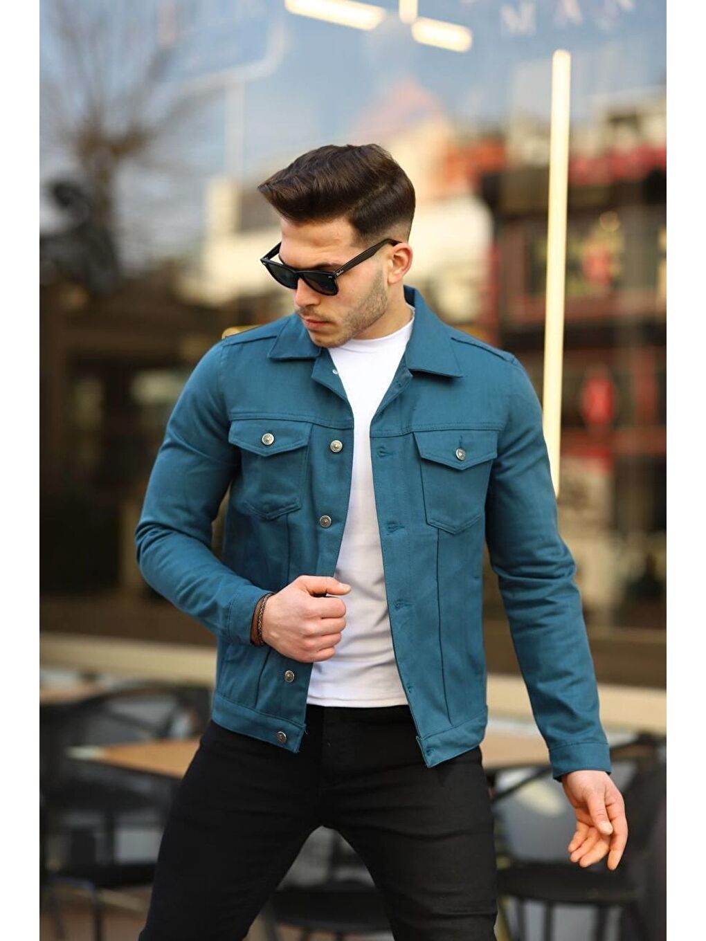 İndigo Erkek Trend Polo Yaka Slim Fit Denim Jeans Indigo Jean Ceket