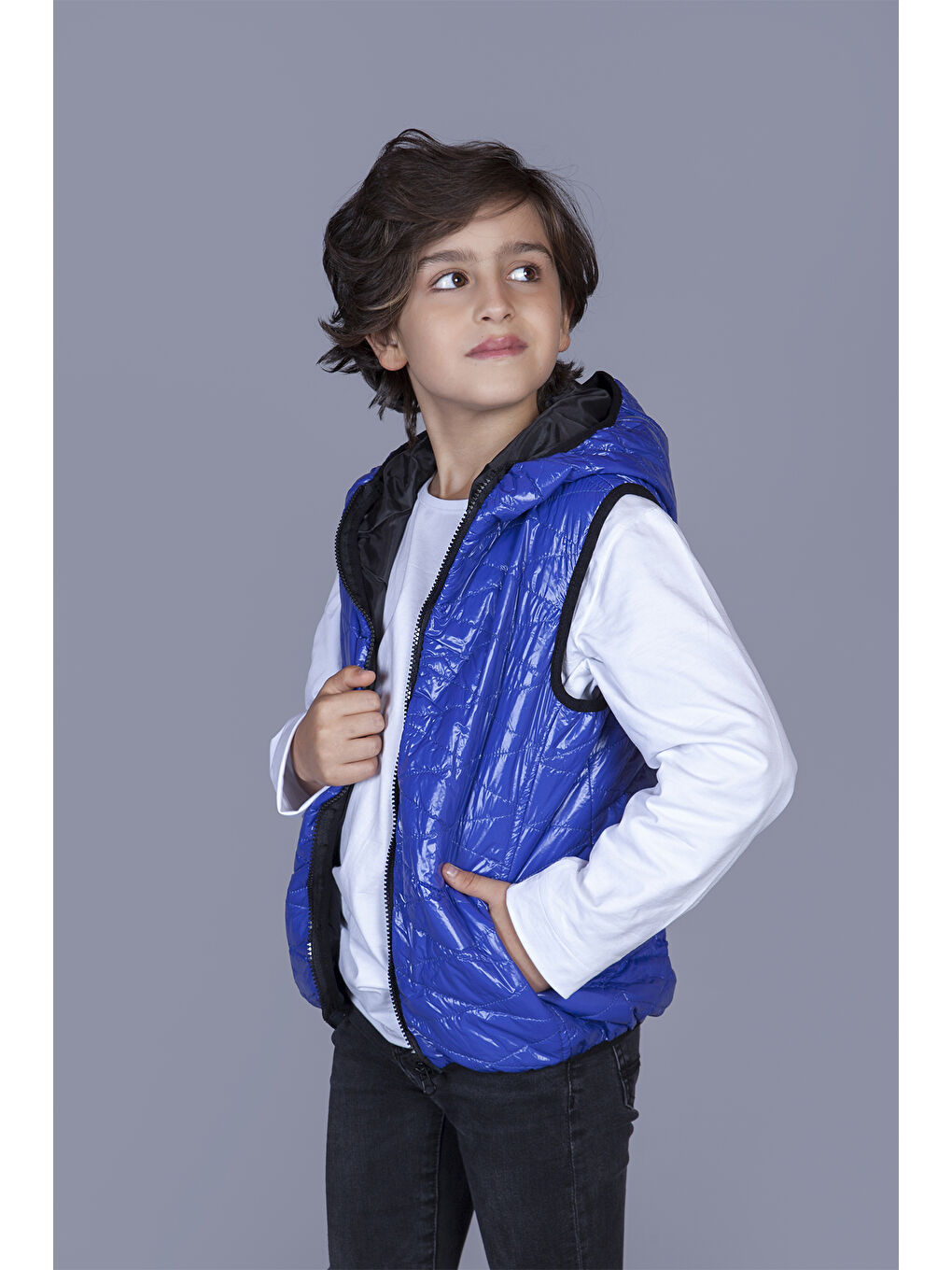 Mavi Erkek Çocuk Kapüşonlu Parlak Yelek