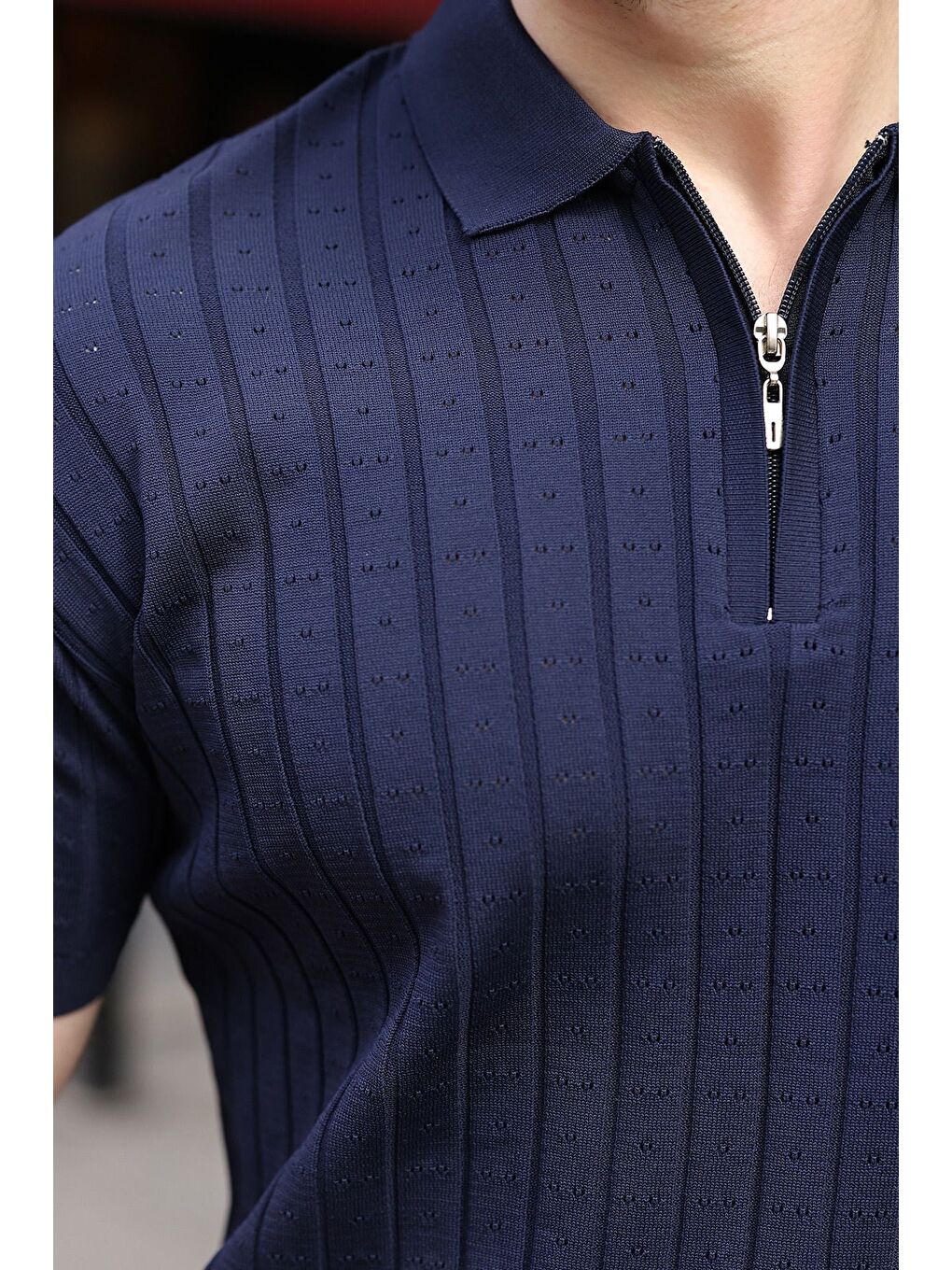 Lacivert Polo Yaka Slim Fit Triko Erkek Tişört E7465-2