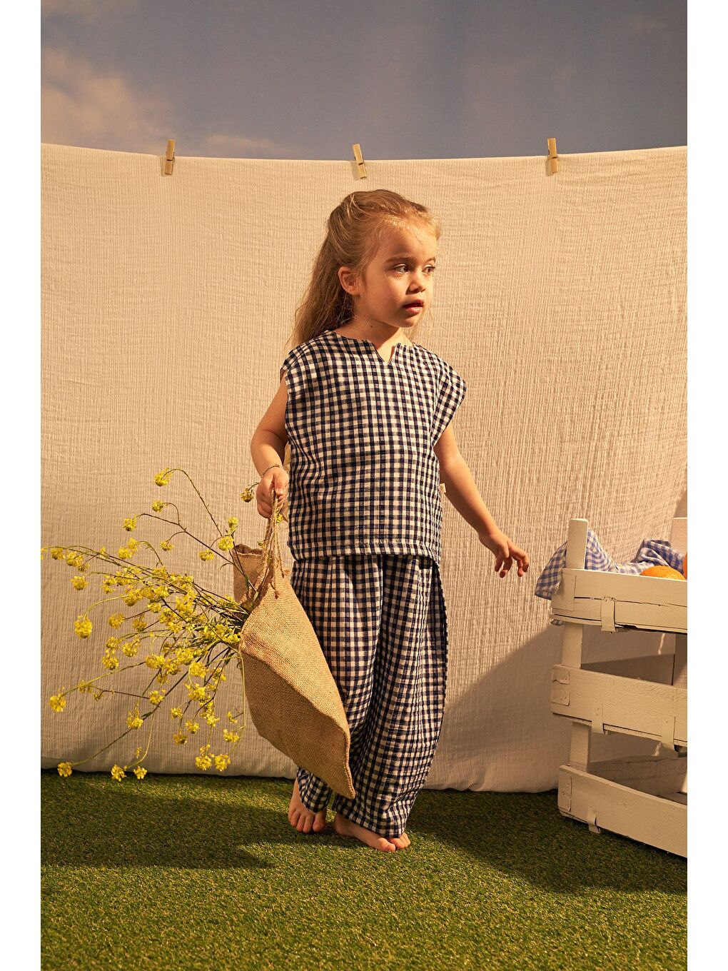 Lacivert Daisy Picnic Serisi Balon Pantolonlu İkili Takim