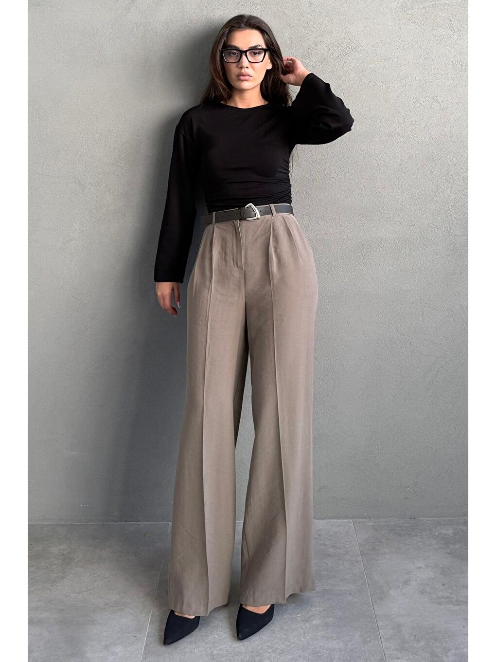 Haki Yüksek Bel Pileli Kemerli Geniş Paça Kadın Pantolon Mg2615-5