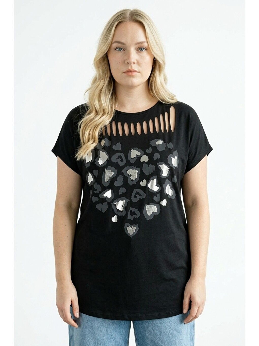 Siyah Metalik Baskılı Yırtık Detaylı T-shirt-1