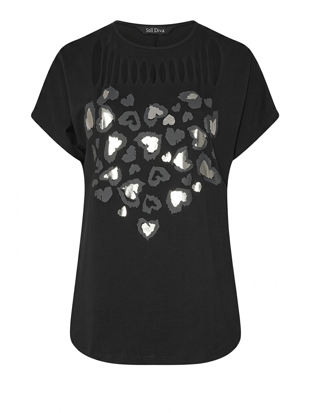 Siyah Metalik Baskılı Yırtık Detaylı T-shirt-3