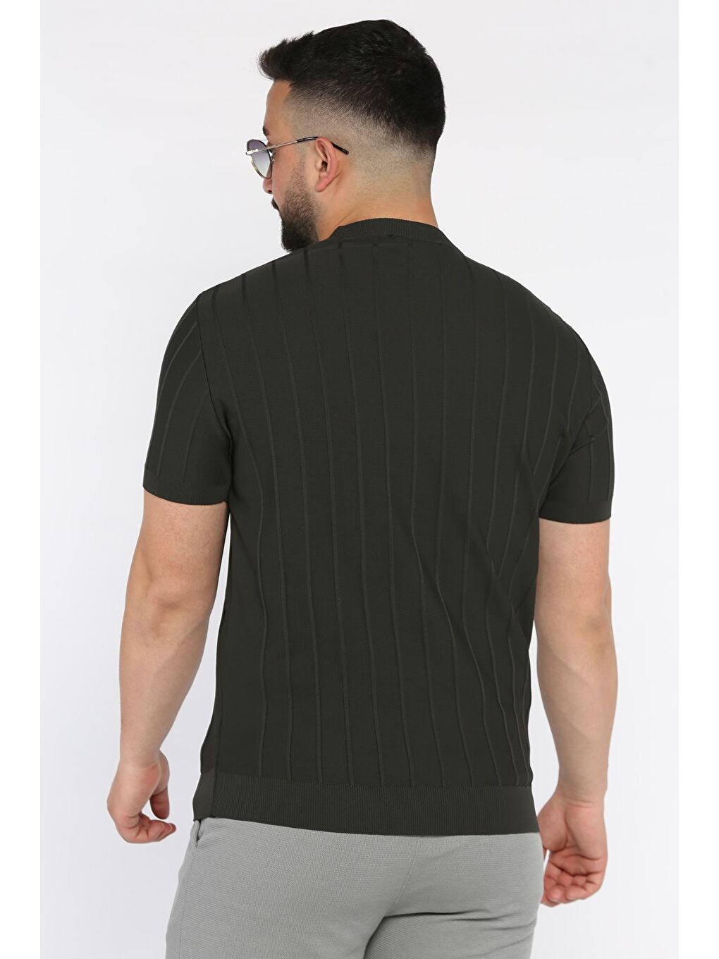 Antrasit Erkek Bisiklet Yaka Kendinden Çizgi Desenli Triko Tişört-2