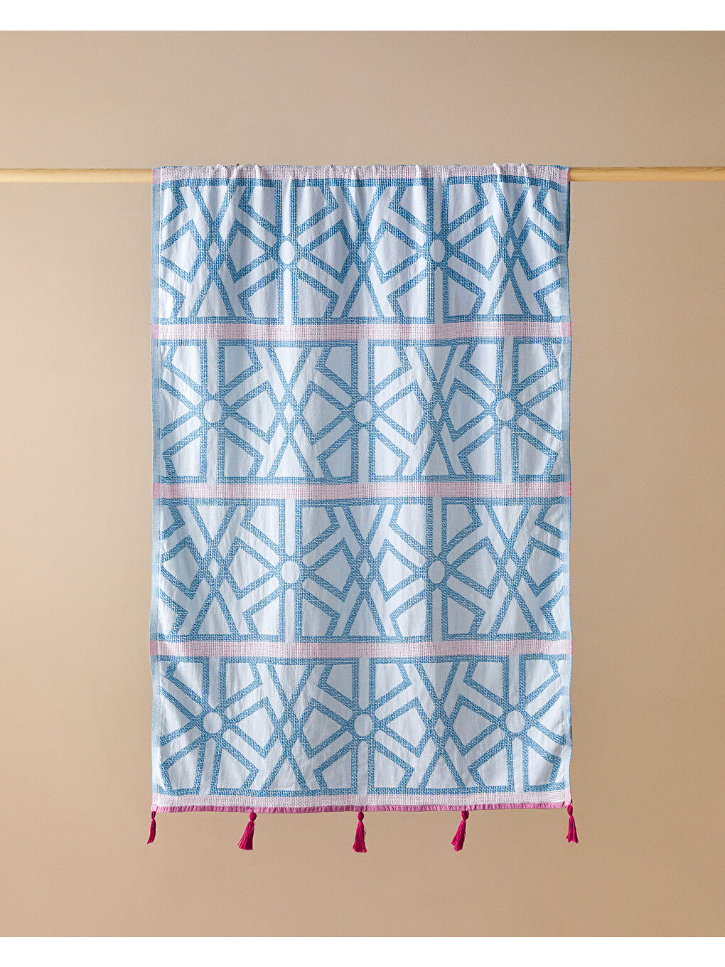 Zigzag Pamuklu Püsküllü Peştamal 90x150 cm Mavi-Fuşya-1
