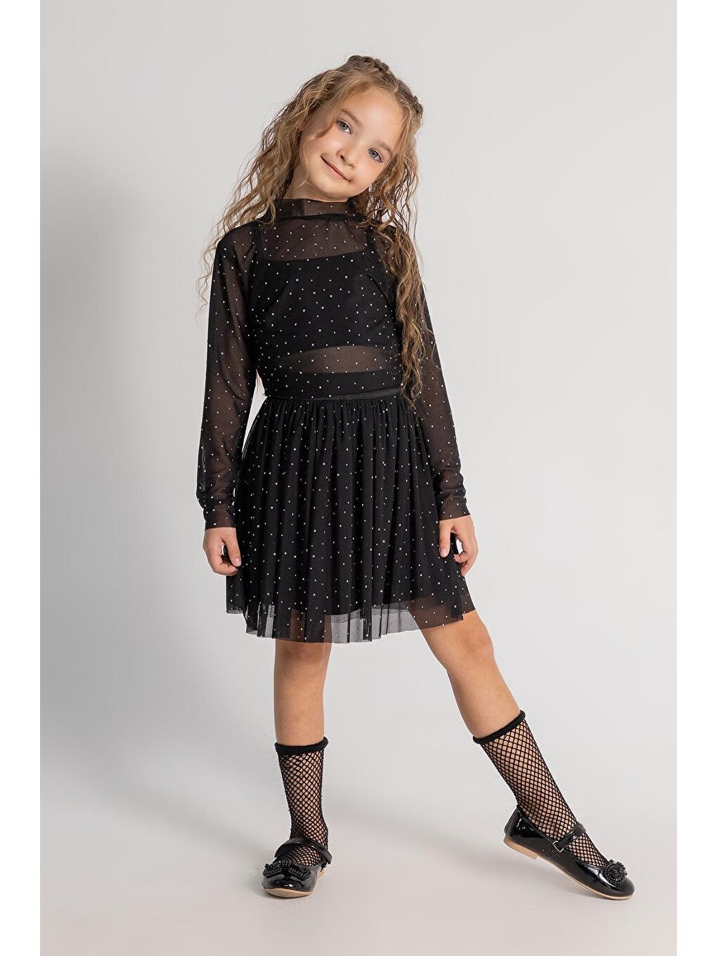Kız Çocuk Siyah Tül Puanlı Uzun Kollu Etekli Takım - Zarif Parti & Özel Modeli