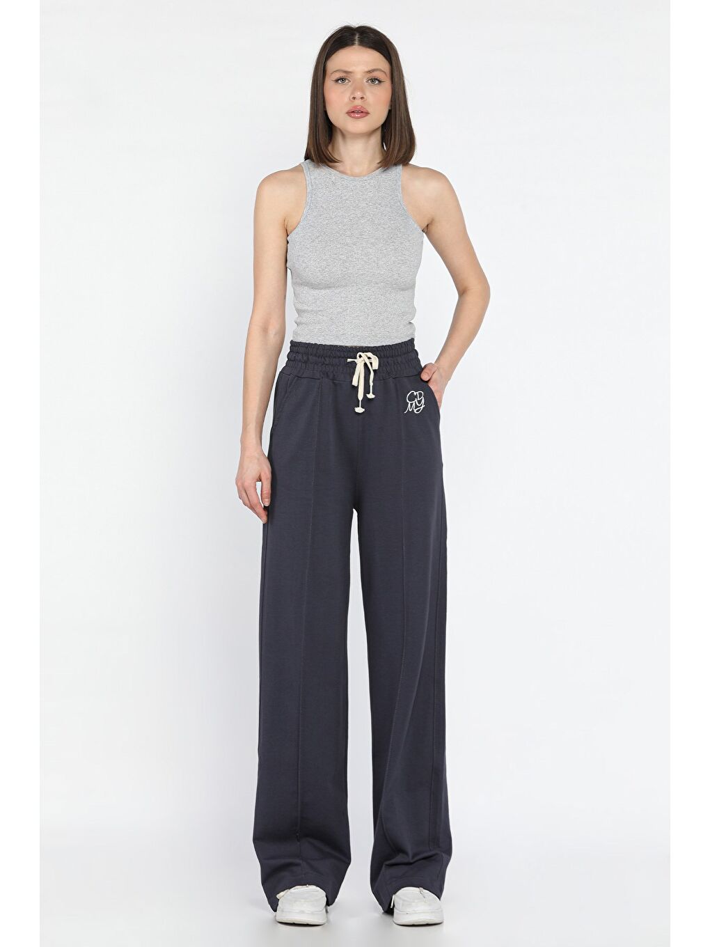 Gri Kadın Yüksek Bel Çimalı Palazzo Eşofman Altı