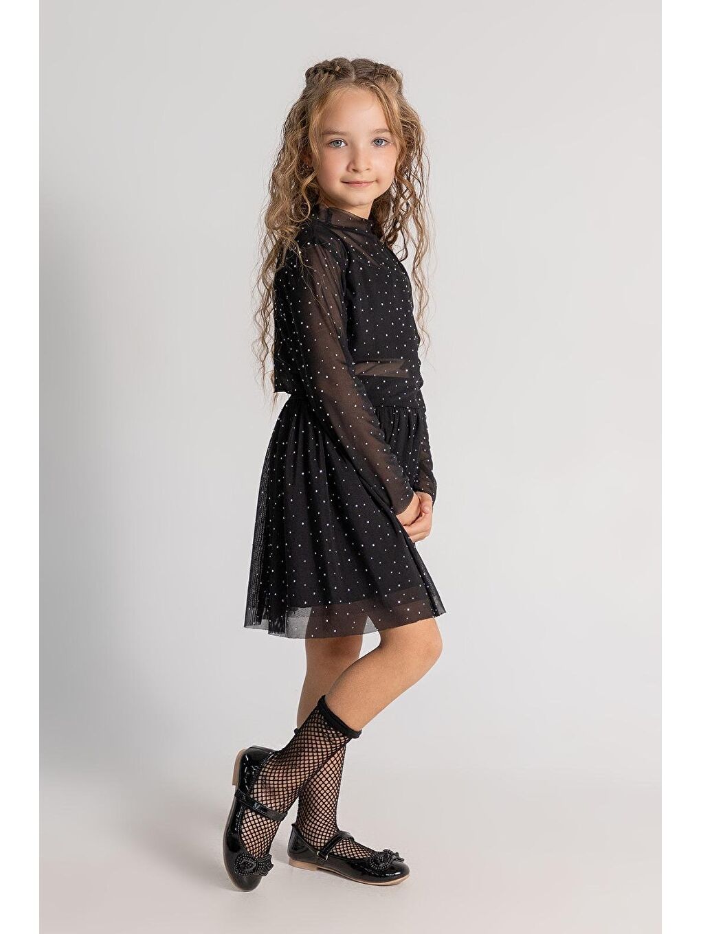 Kız Çocuk Siyah Tül Puanlı Uzun Kollu Etekli Takım - Zarif Parti & Özel Modeli-2