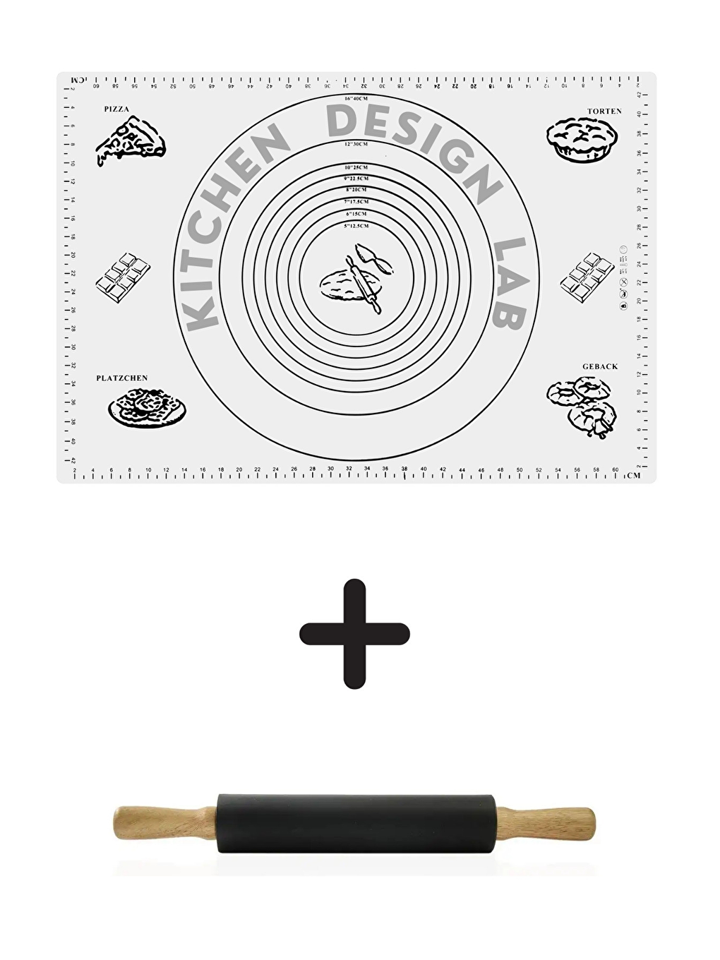 2'li Set Beyaz 45x65 Cm Silikon Hamur Açma Matı Ve Siyah Merdane 42 Cm